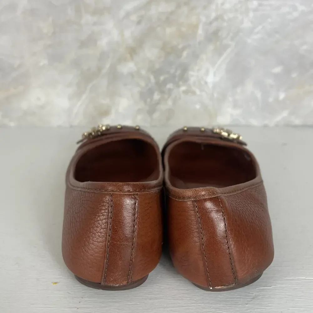 Tory Burch Brown Pebbled Leather Gold Reva Buckle Elina Ballet Flats Size 7M